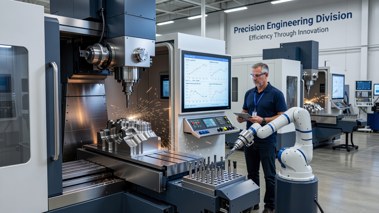 Close-up view of high-precision milling tool engaging with metal workpiece under controlled conditions
