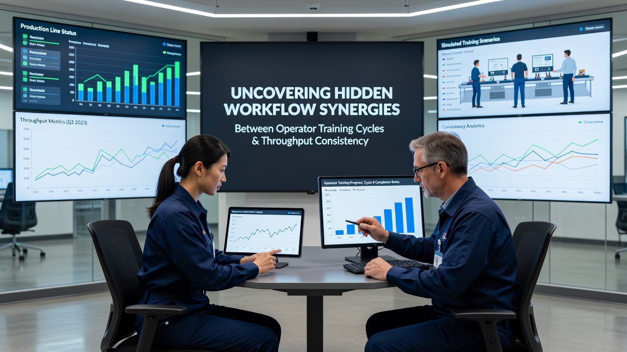 Operator reviewing workflow charts and machine data in a small-scale precision machining facility